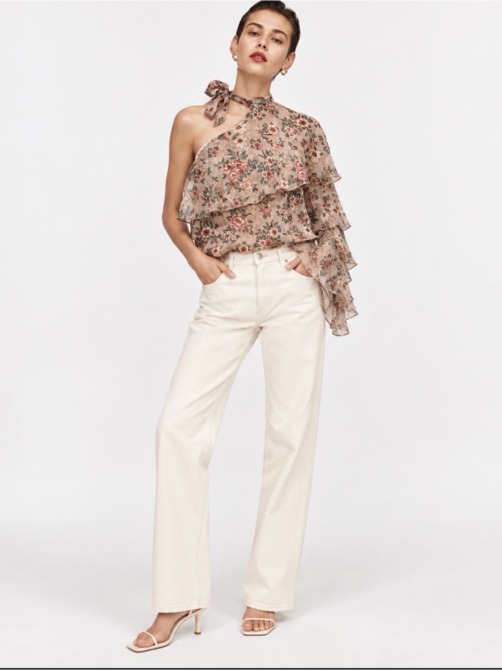 Zara Floral Ruffle Blouse - Cream and Pink